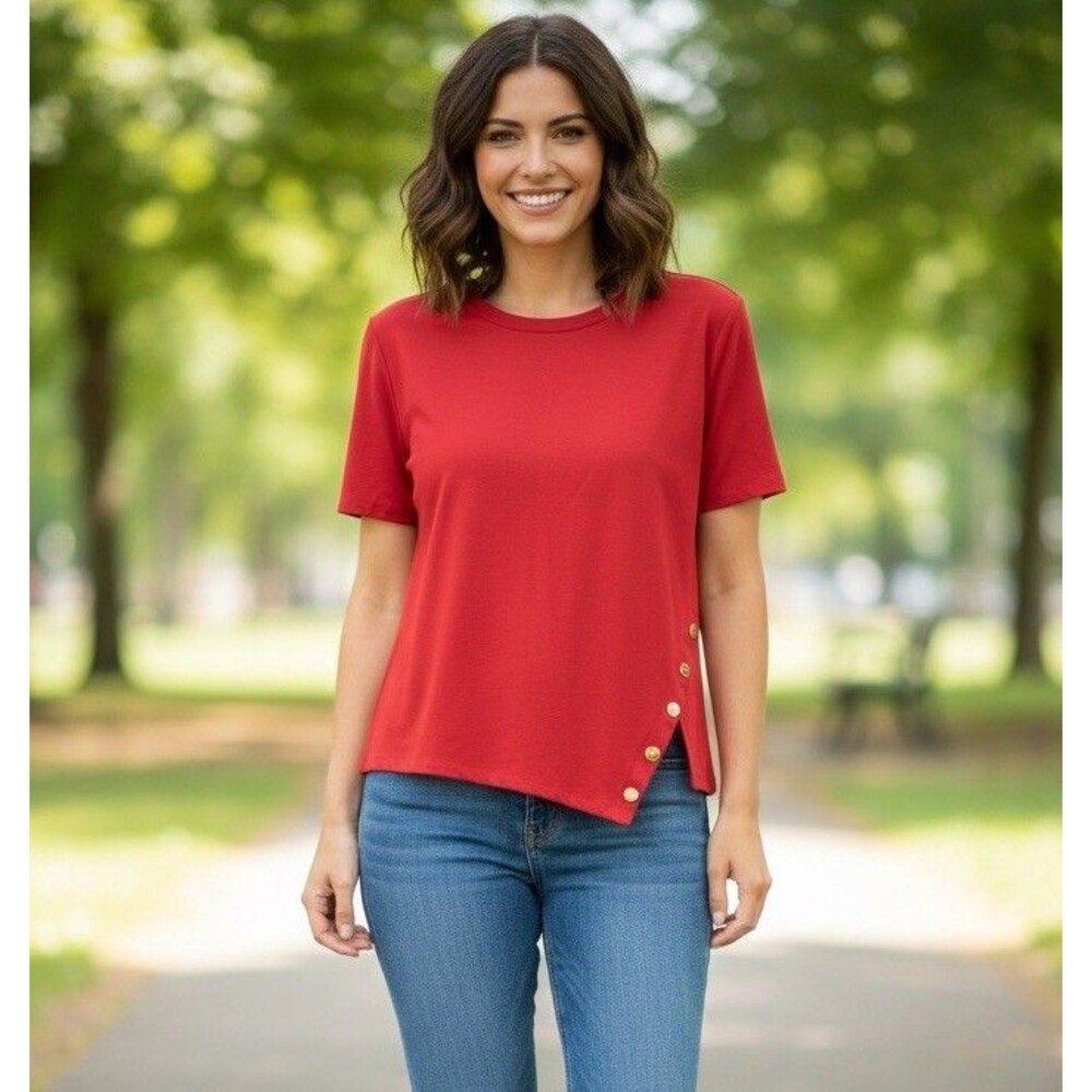 Michael Kors Red Short Sleeve Top Gold Logo Button Hem Detail Size M